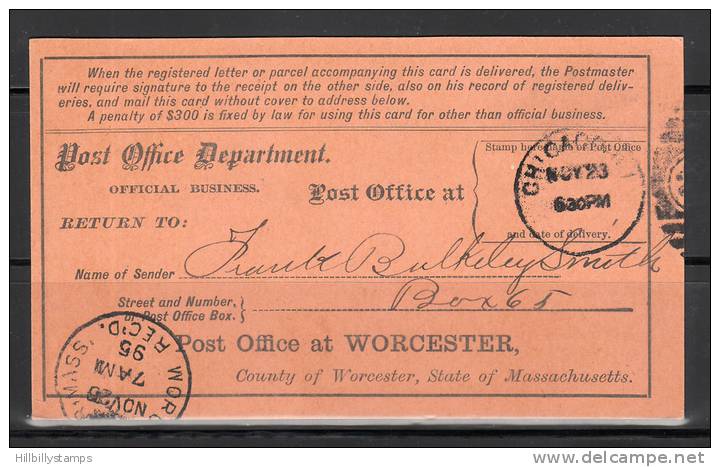 Registration Card From Post Office For Registered Letter 1895 Lot 245 - Postal History