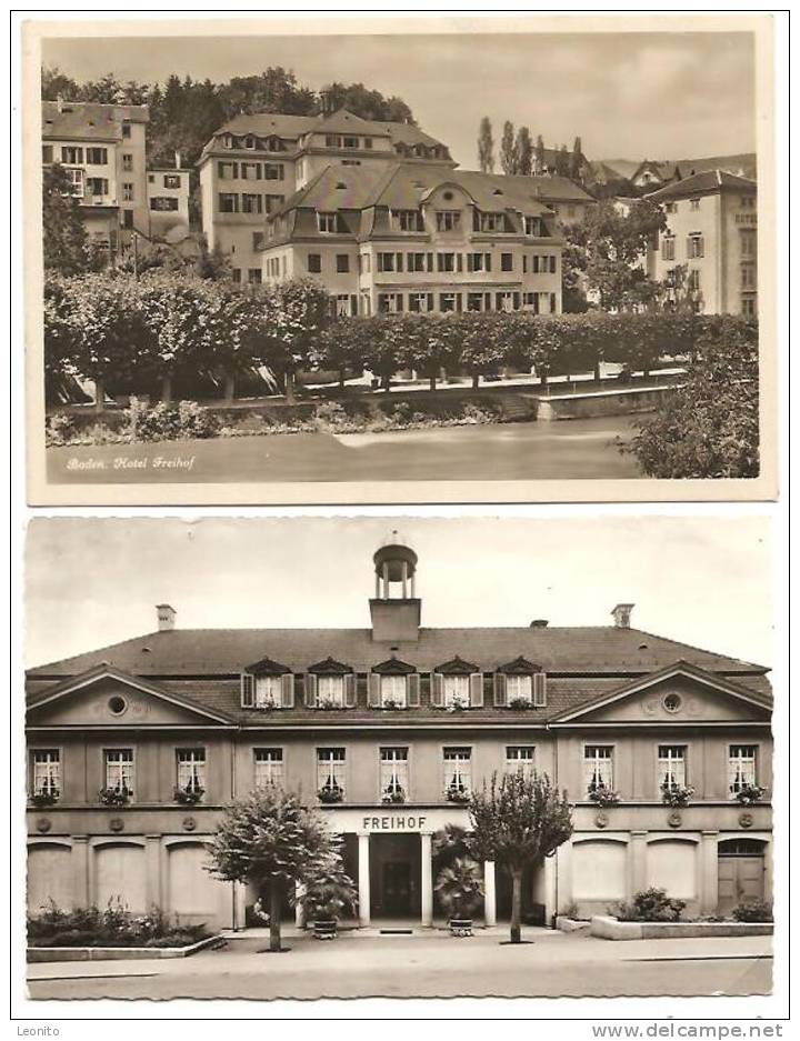 Freihof Baden Hotel Volksheilbad 2 Ansichtskarten 1929 + 1970 - Baden
