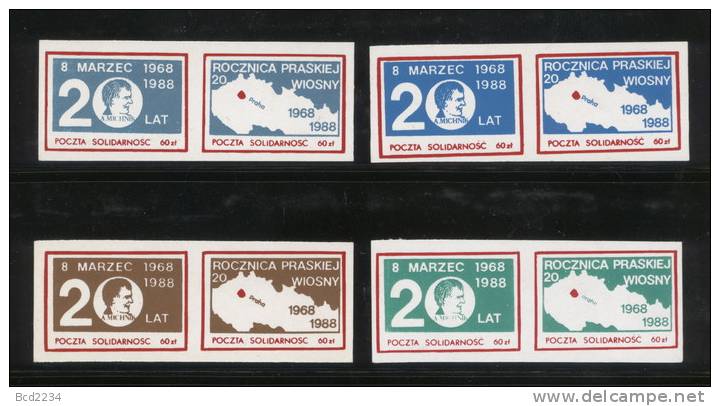 POLAND SOLIDARNOSC 1988 20TH ANNIV OF PRAGUE REVOLUTION 4 MS (SOLID 0699/1008) - Solidarnosc Labels