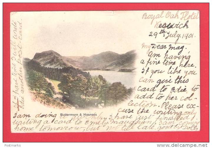 1901 KESWICK DOUBLE RING POSTMARK CANCELLATION  FULL STRIKE ON 1/2D VICTORIAN STAMP  BUTTERMERE & HASNES VIEW POSTCARD - Briefe U. Dokumente