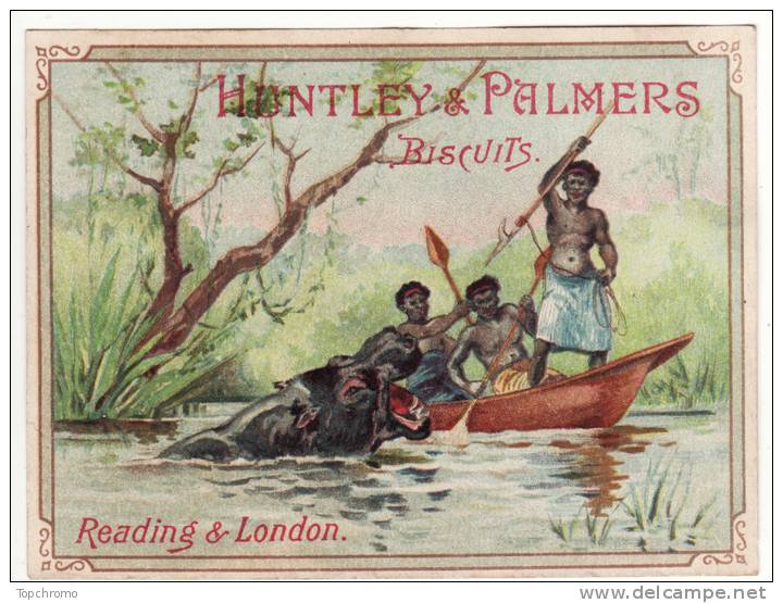 CHROMO Biscuits Huntley & Palmers Afrique Africains Fleuve Pirogue Rames Hippopotame Harpon - Sonstige & Ohne Zuordnung
