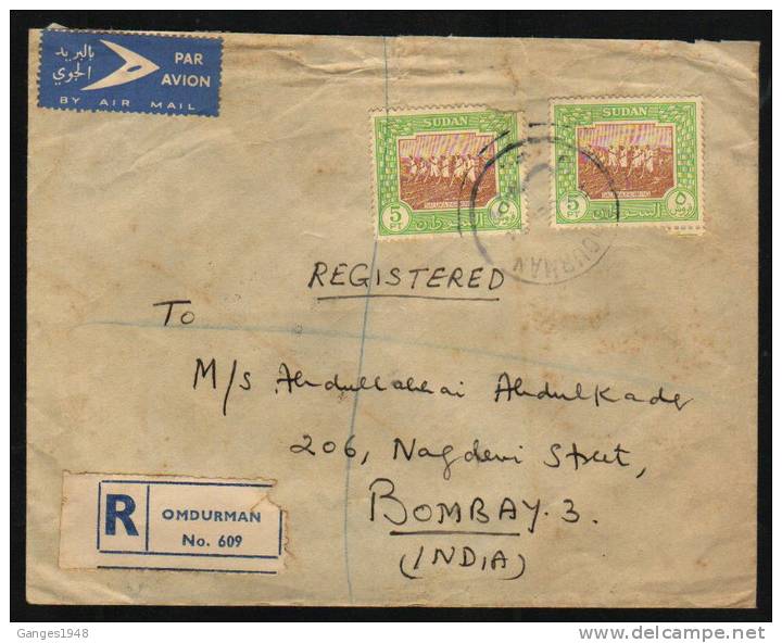 1954 SUDAN  10 PT Rate OMDURMAN  REGISTERED  AIR MAIL Cover To India # 25171 - Soudan (1954-...)