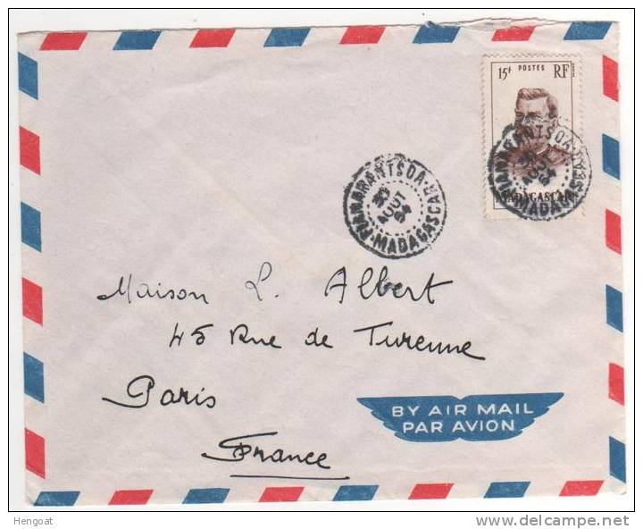 Yvert , Timbre N°316 Seul  / Lettre Du  30 Aout  1954 De Fianarantsoa Pour La France - Briefe U. Dokumente