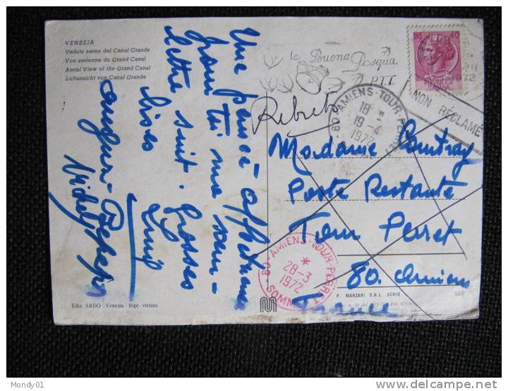 4-1018 Italie Venise France Non Réclamé Cad Heurodateur ROUGE Amiens Tour Perret 2 Cad Poste Restant 1972 - Used Stamps