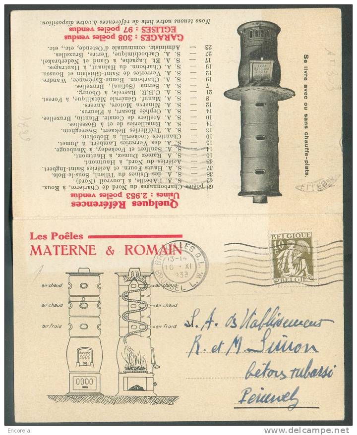 10 Centimes Cérès Obl. Mécanique BRUXELLES Q.-L. S/Carte Double Publicitaire (POÊLES MATERNE & ROMAIN) Du 10-XI-1933 Ver - 1932 Ceres En Mercurius