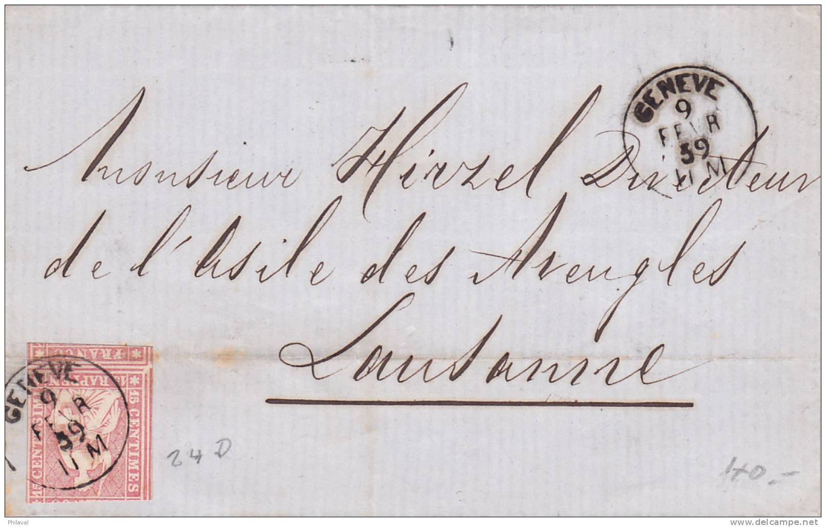 No 24 D Sur Lettre Oblitérée Genève Le 9 Fèvrier 1859 - Covers & Documents