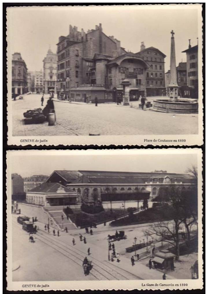 2 Cp, Reproductions Place De Coutance En 1899, Gare Cornavin En 1890, Animée - Altri & Non Classificati