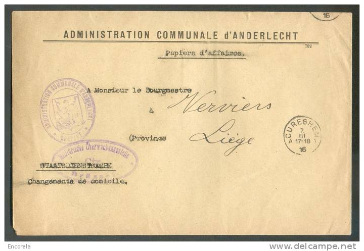 Lettre En Franchise à En-tête Communale De L'Administration D'ANDERLECHT, Sc CUREGHEM 7-III-1916 Vers Liège + Censure Vi - Other & Unclassified