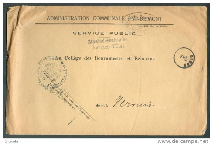 Lettre En Franchise à En-tête Communale De L´Administration D'ANDRIMONT, Sc DISON Du 25-V-1916 Vers Verviers + Censure D - Other & Unclassified