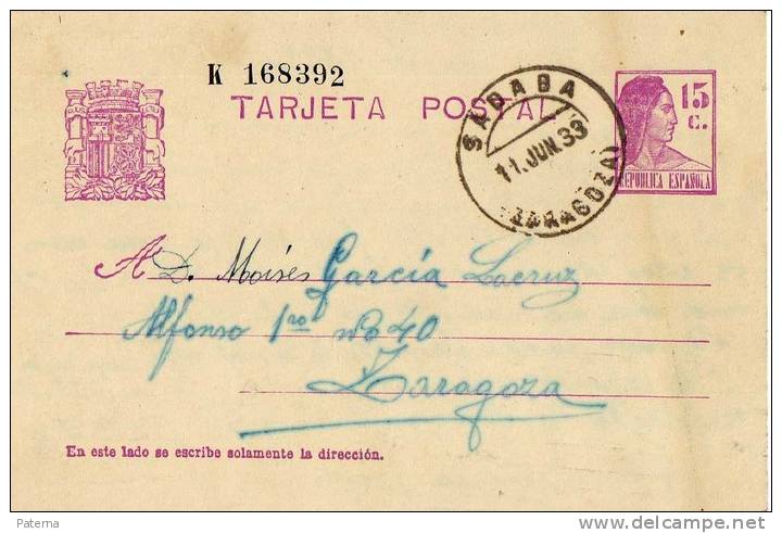 3554  Entero Postal, SADABA, 1933, Zaragoza,, República Española, - 1931-....