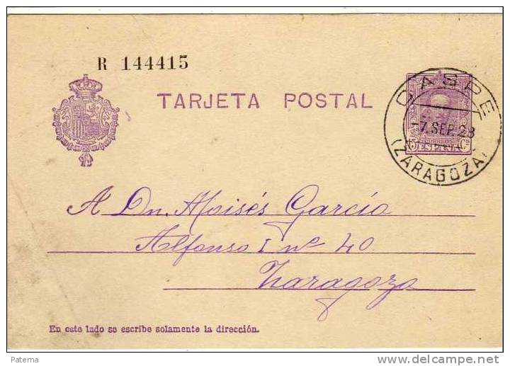 3554   Entero Postal, CASPE, 1928, Zaragoza,  Alfonso Xlll,, Entier Postal, - 1850-1931