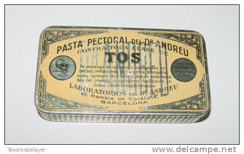 Old Tin Box Advertising DR. ANDREU - Pharmacy - ANTIGUA CAJA DE HOJALATA LITOGRAFIADA CON PUBLICIDAD DE PASTA PECTORAL I - Scatole