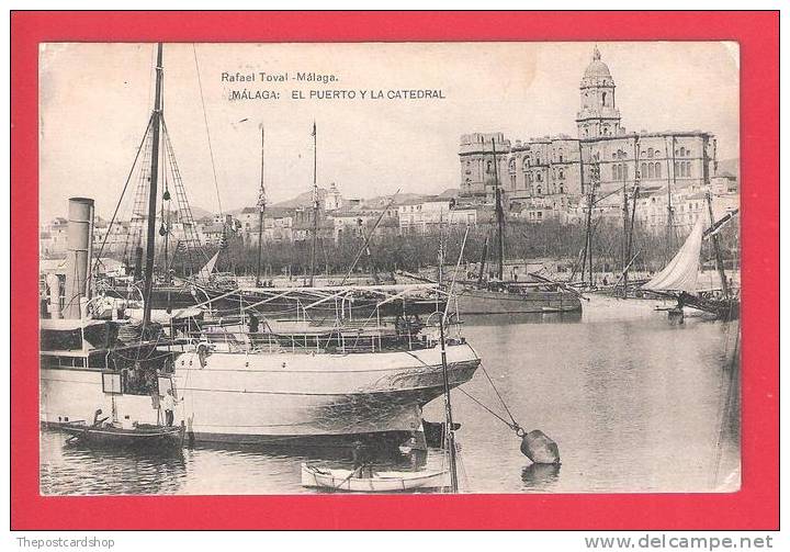 ¤ SPAIN ESPANA  Espagne MALAGA EL PUERTO Y LA CATEDRAL CIRCULADO 1929 USED MORE SPAIN LISTED!! - Málaga