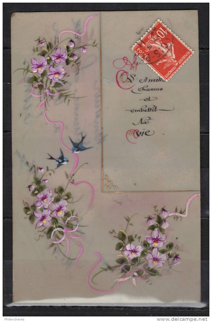 CPA 1910 En Celluloid Décor Floral Trés Belle Transparence Peinte à La Main - Autres & Non Classés