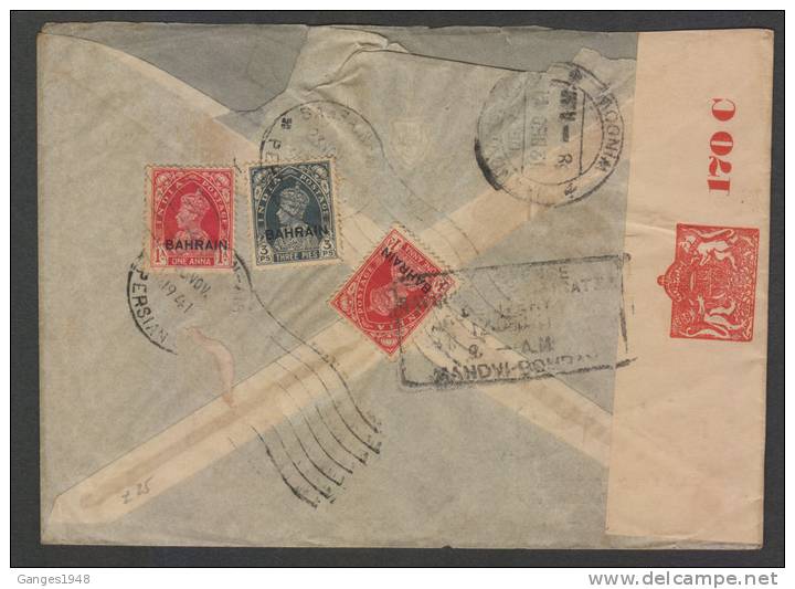 Bahrain  1941   2A3P  Rate  AIR MAIL  Cover To India Arrival Censor # 25223 - Bahrein (1965-...)