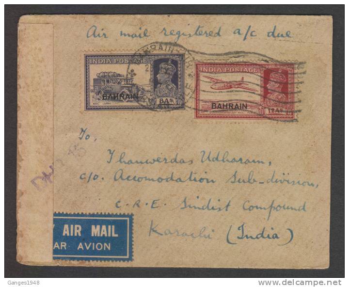 Bahrain  1943   1R4A  Rate  AIR MAIL  Cover To India ARRIVAL CANSOR  # 25219 - Bahreïn (1965-...)