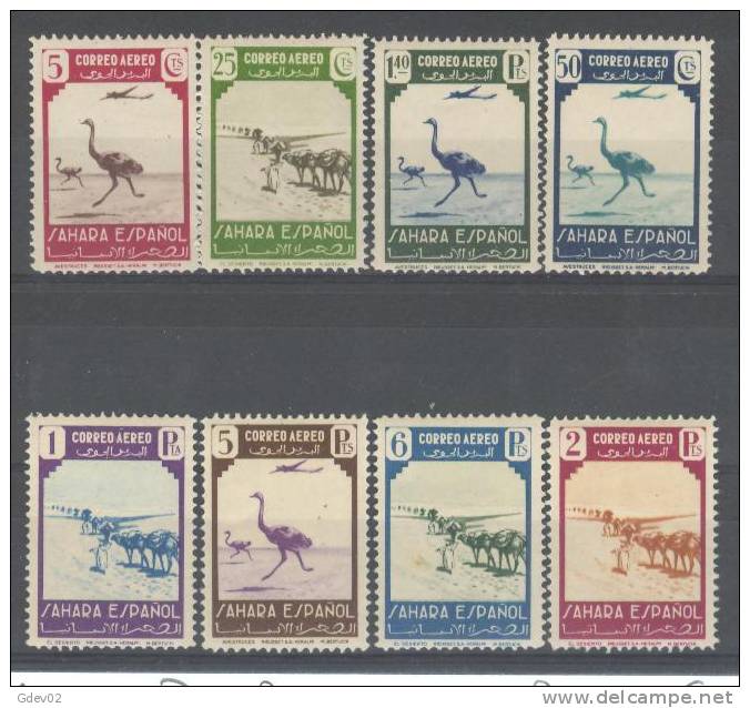SHR75-L4285PC-TANIMPAAVEST.Maroc Marocco.SAHARA ESPAÑOL. FAUNA Y AVION EN  VUELO 1943 (Ed 75/82**) Sin  Charnela..RARA - Ostriches