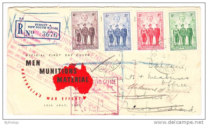 Australia Registered First Day Cover Sydney NSW To Saint Johns NL 1940 Returned To Sender - Brieven En Documenten