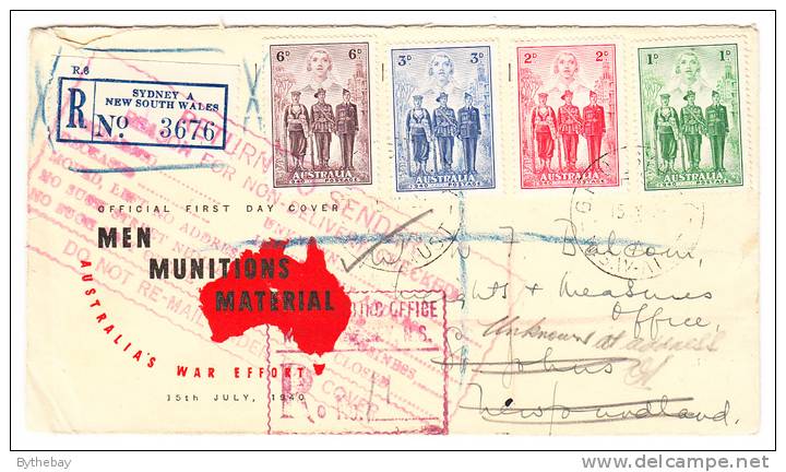 Australia Registered First Day Cover Sydney NSW To Saint Johns NL 1940 Returned To Sender - Covers & Documents