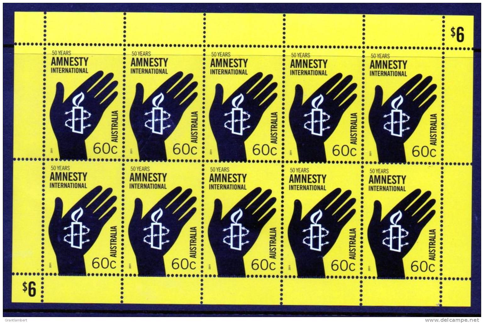 Australia 2011 60c Amnesty International 50 Years Sheetlet Of 10 MNH - Neufs