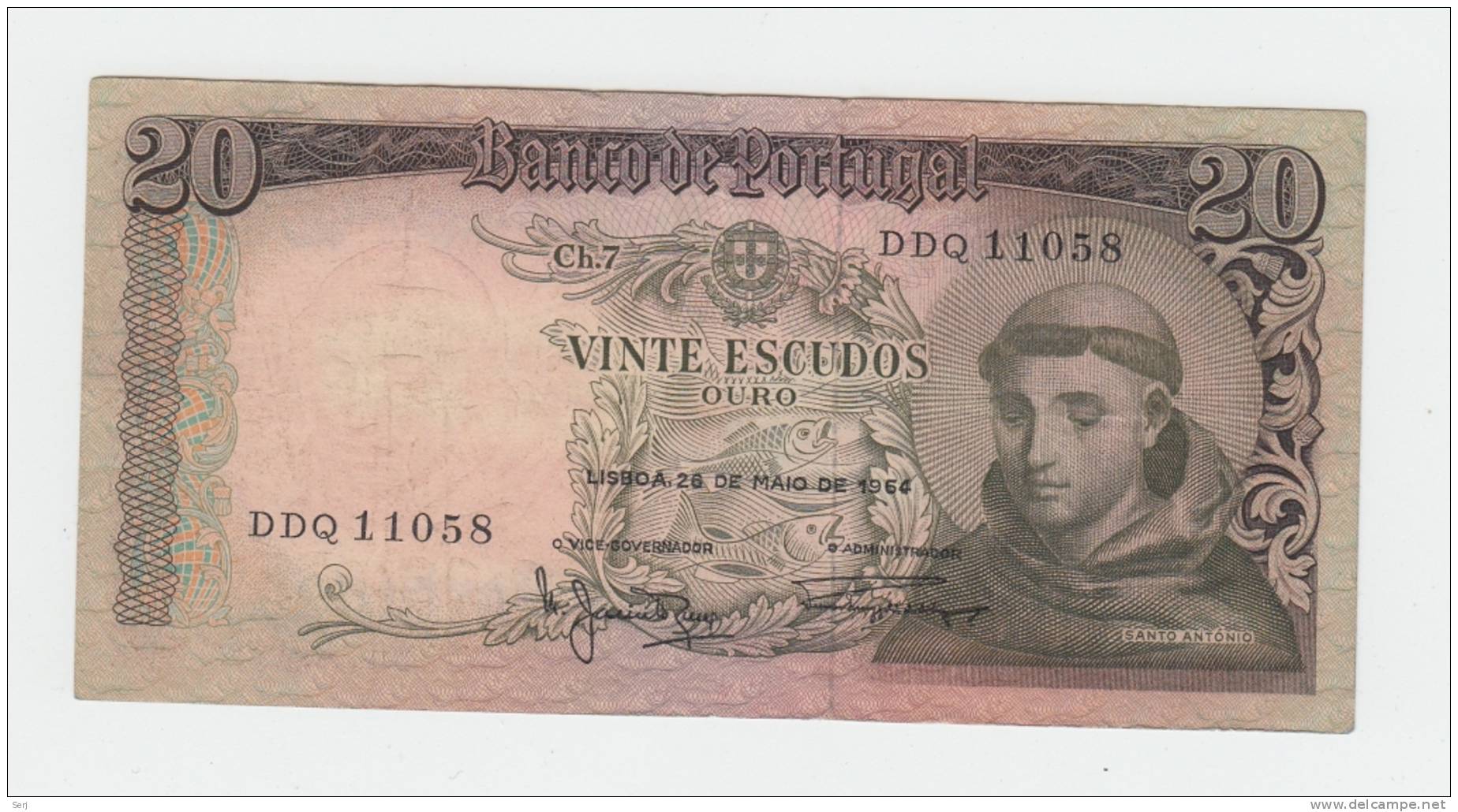 Portugal 20 Escudos 1964 VF++ CRISP Banknote P 16 - Portogallo