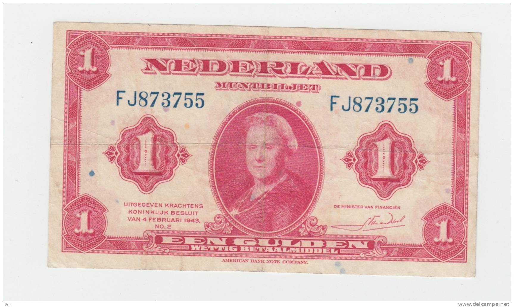 Netherlands 1 Gulden 1943 VF P 64 - 1 Gulden