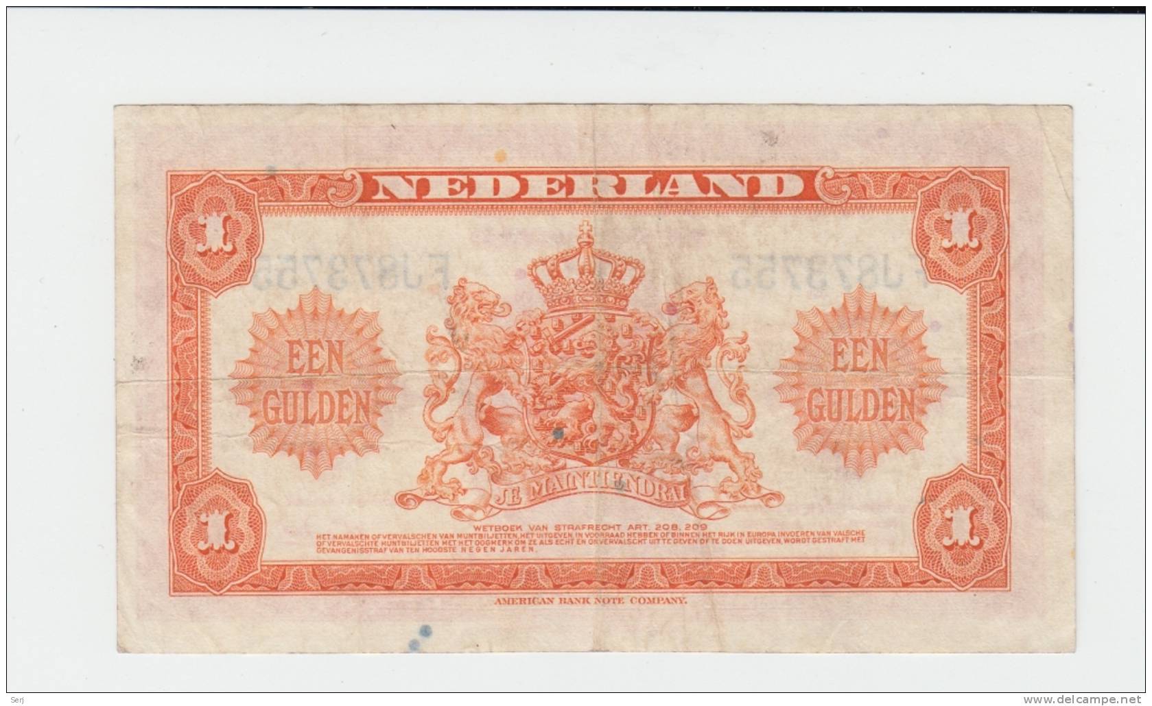 Netherlands 1 Gulden 1943 VF P 64 - 1 Gulde