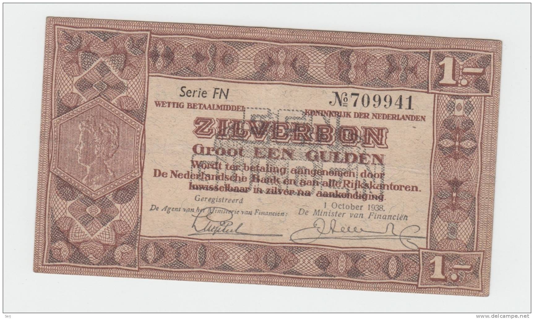 Netherlands 1 Gulden Zilverbon 1938 VF++ CRISP Banknote - 1 Gulden