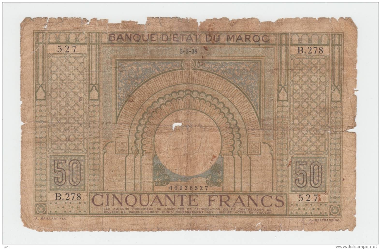 Morocco 50 Francs 5-5-1938 "G-VG" RARE Banknote P 21 - Maroc