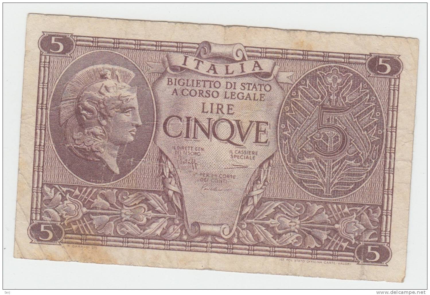 ITALY 5 Lire 1944 ""F"" P 31c 31 C - Italia – 5 Lire