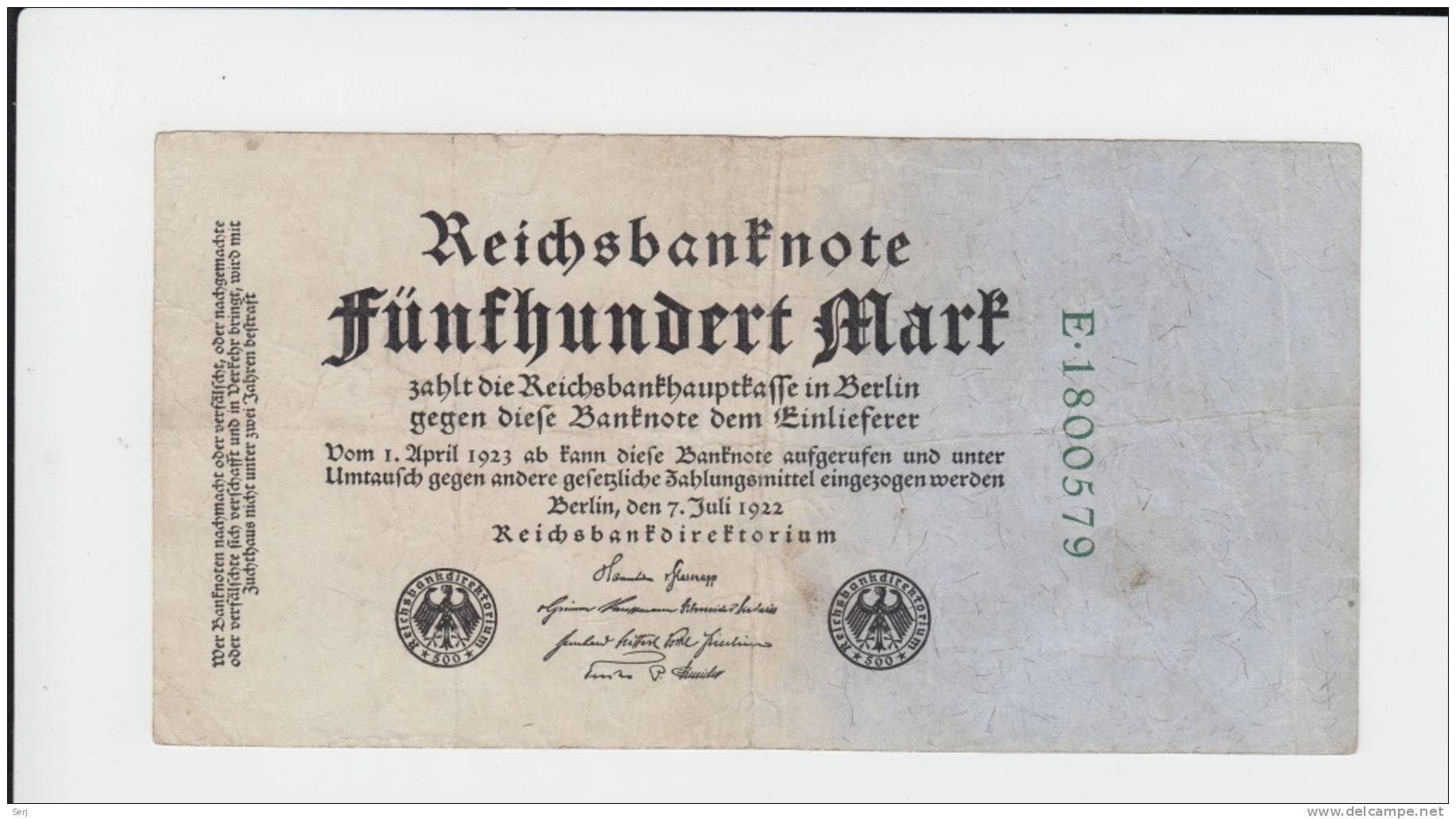 Germany 500 Mark 1922 VF Banknote (7 Green Digit) P 74b 74 B - 500 Mark