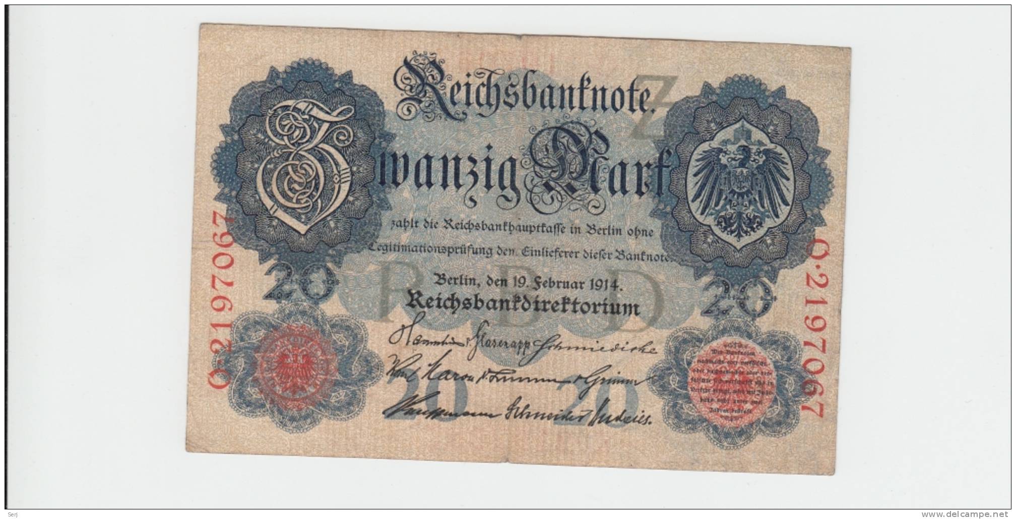 GERMANY - 20 MARK 1914 VF+ P 46b 46 B - 20 Mark