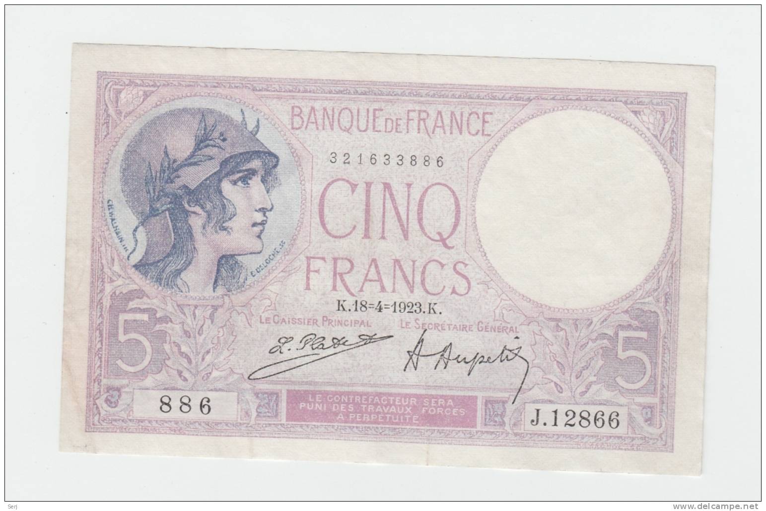 FRANCE 5 FRANCS 1923 VF++ P 72c 72 C - 5 F 1917-1940 ''Violet''