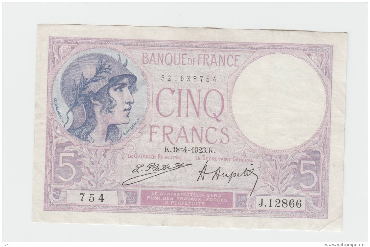 FRANCE 5 FRANCS 1923 VF++ P 72c 72 C - 5 F 1917-1940 ''Violet''