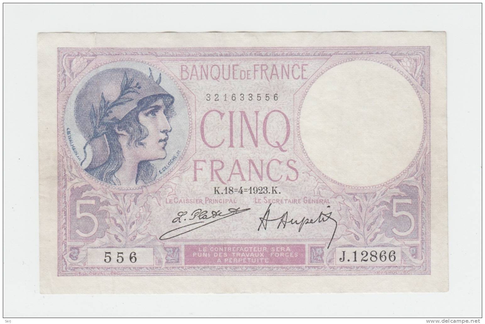 FRANCE 5 FRANCS 1923 VF++ P 72c 72 C - 5 F 1917-1940 ''Violet''