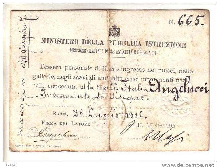 OLD ITALY - Personal Card Of Free Entry In The Museums 1906 - Zonder Classificatie