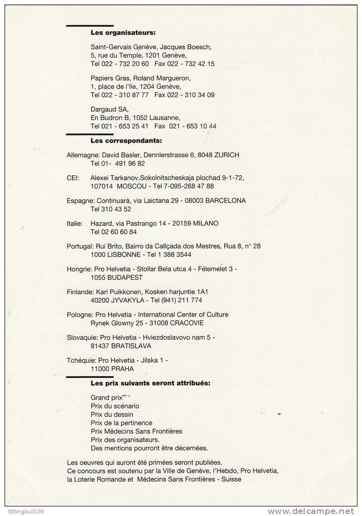 BILAL. De L'Oural Au Portugal, Les Nouvelles Frontières. Dépliant PUB Concours BD 1992. Lib. Papier Gras, Genève. - Advertentie
