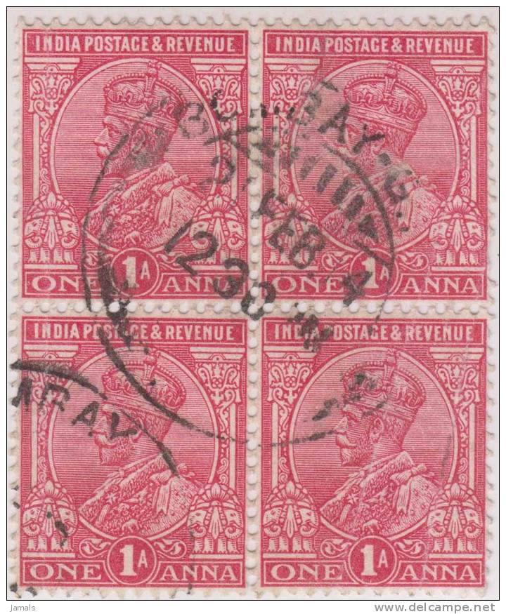 Br India King George V, One Anna Block Of 4, Used, India - 1911-35  George V