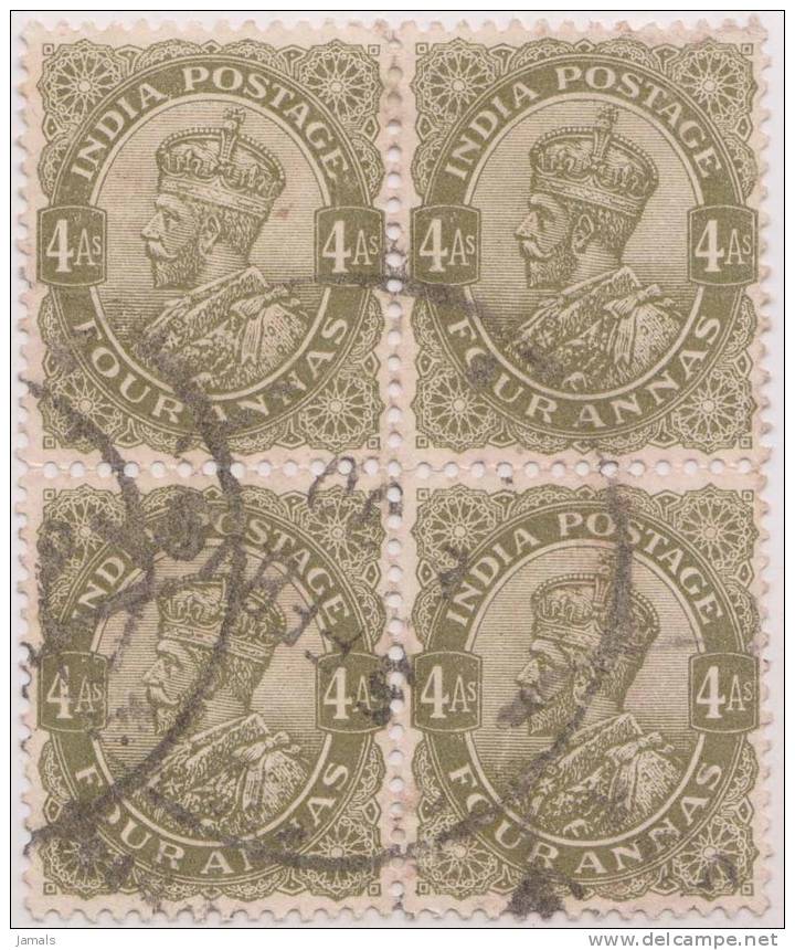 Br India King George V, 4 As Block Of 4, Used, India - 1911-35  George V