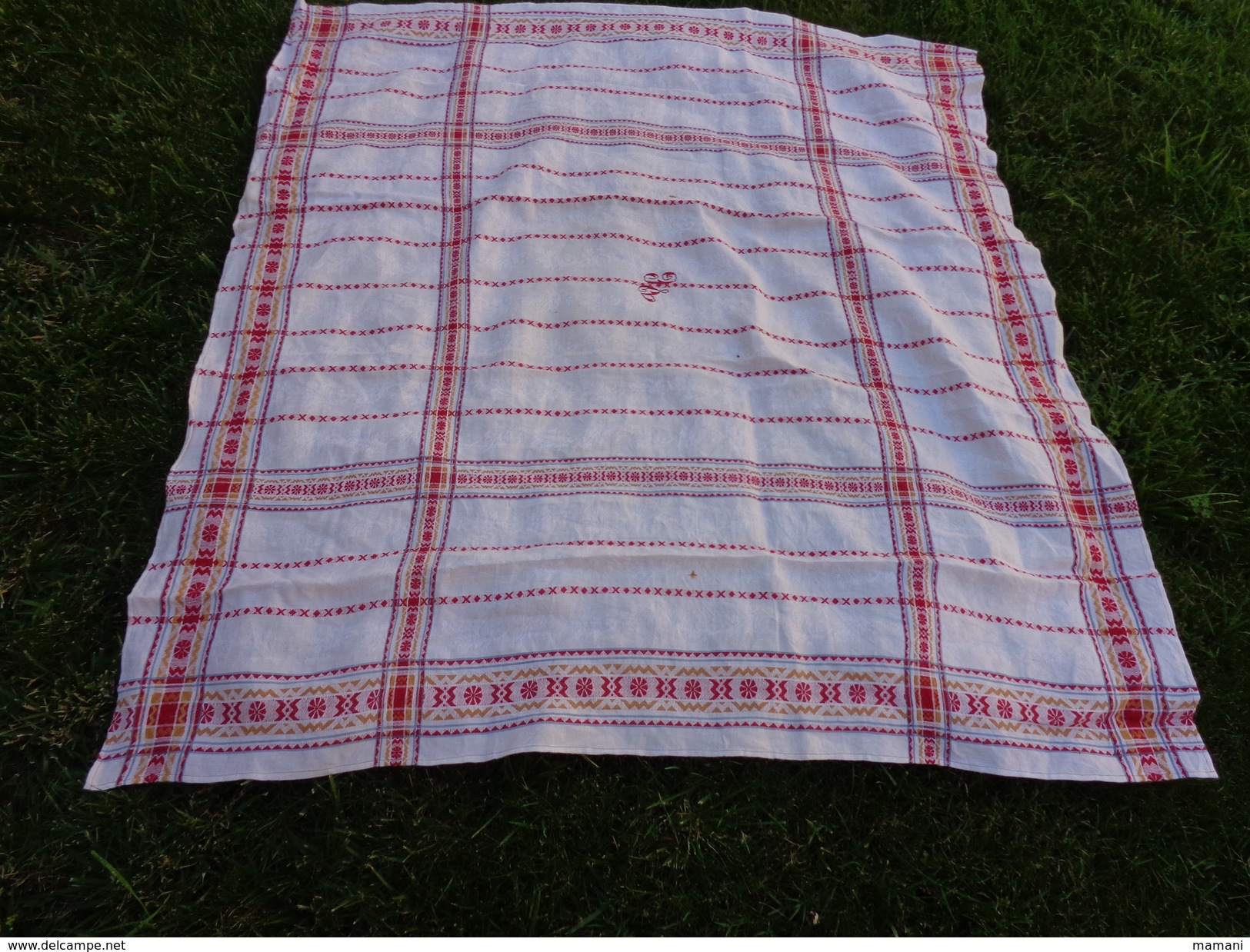 1 Nappe Ancienne Damassée 130x121cm  Monogramme Rouge VC - Sonstige & Ohne Zuordnung