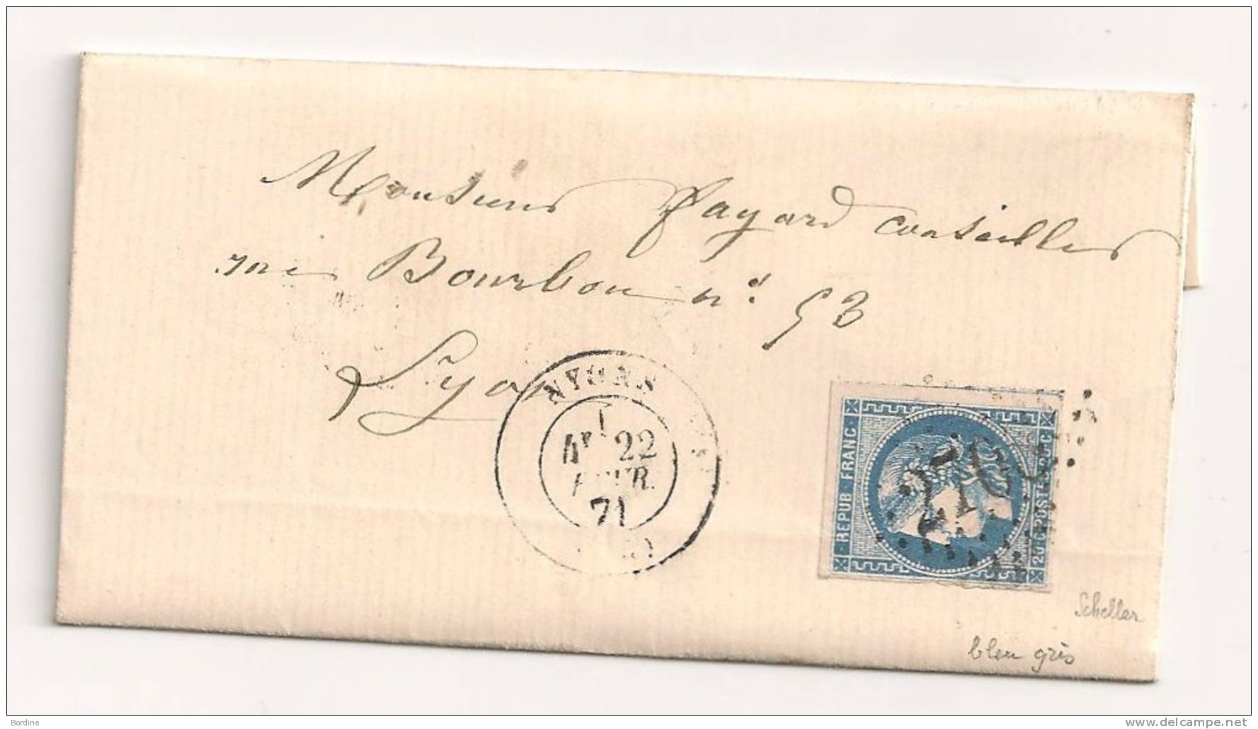 Lettre - DROME - NYONS - GC.2708/N°46 Gris-bleu S/L - 1871 - SUP Et RRR - 1870 Emissione Di Bordeaux