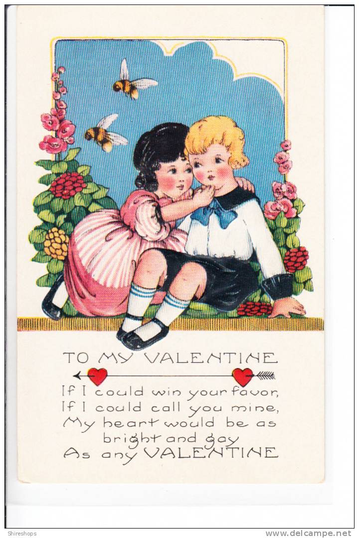 Valentine Greeting Child Children Boy Girl Bee Flower Heart Would Be Bright And Gay - Valentine's Day