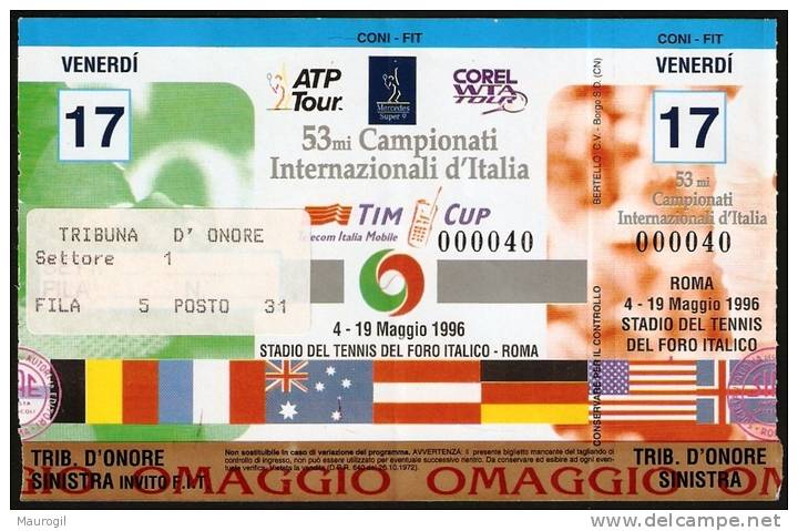 ITALIA ROMA 1996 - TICKET 53^ CAMPIONATI INTERNAZIONALI D´ITALIA TENNIS - GIORNO 17.05.1996 - TRIBUNA D´ONORE - USED - Toegangskaarten