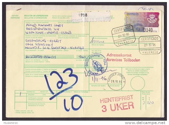 Spain Boletin De Expedicion Registered Recommandée Certificado ATM / Frama TAVERNES De La VALLDIGNA Valencia 1996 Norway - Maschinenstempel (EMA)