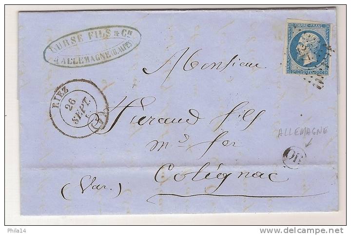 N° 14 BLEU NAPOLEON SUR LETTRE / RIEZ BASSES ALPES  POUR COTIGNAC / 26 SEPT 1861 / CAD TYPE 14 - 1849-1876: Période Classique