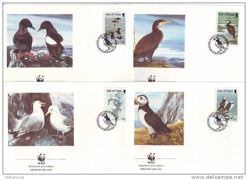 0212bi: WWF- Issue Isle Of Man: Birds Of Northern Atlantic 4 FDCs - Isle Of Man