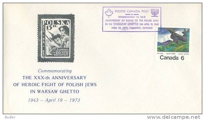 CANADA:1973:FDC With Illustr. Date Cancel:## XXX-th Ann. Of Heroic Fight Of Polish Jews In Warsaw Ghetto ##,WORLD WAR II - Sobres Conmemorativos