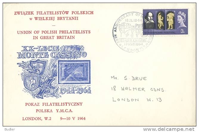 GREAT BRITAIN : 1964: Illustr. Cover With Illustr. Cancel : ##20th Anniversary Of MONTE CASSINO##,POLAND,WORLD WAR II, - WW2 (II Guerra Mundial)