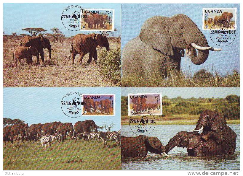 0212bn: WWF- Ausgabe Uganda: Elefanten, 4 Maximumcards - Elefanten