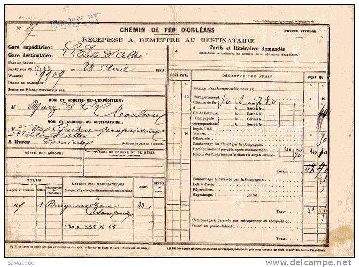 RECEPISSE - TRANSPORT - CHEMIN DE FER D´ORLEANS - 28 AVRIL 1881 - TAMPON CHEMIN DE FER 70 CENTIMES - Transports